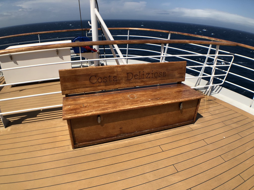 船のいたるところに救命胴衣が入ったベンチがあります。
